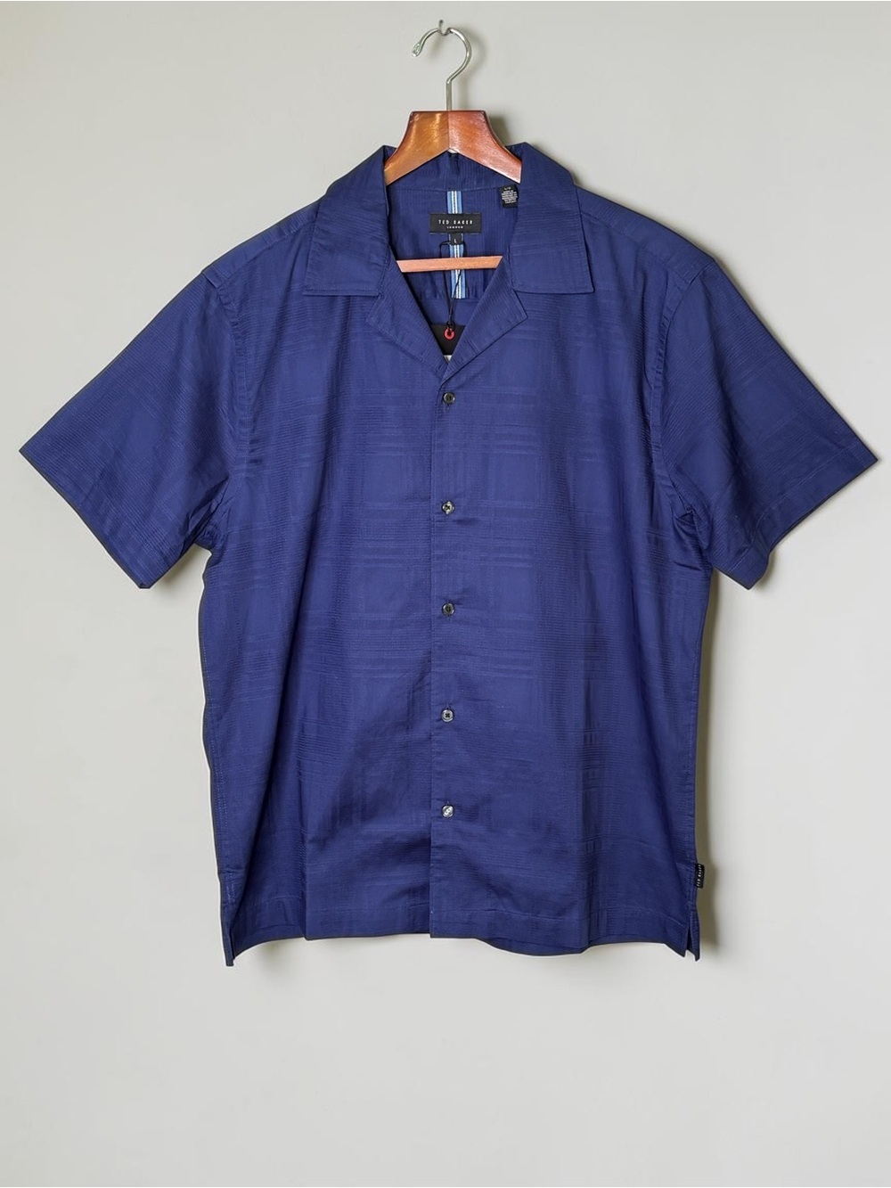 NWT Ted Baker Textured Camp Shirt Midnight Sail Navy Blue Plaid Size L